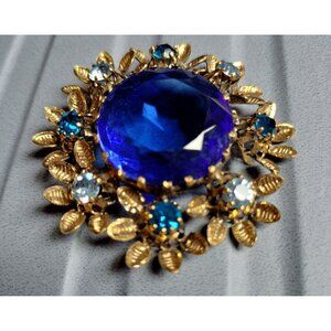 Vintage Austrian Brooch Crystal Ornate Gold Tone Blue Glass Crystal 50s Jewelry